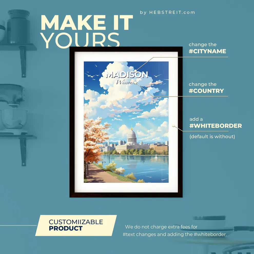 Madison Wisconsin Skyline - A Water Body With A Building And Trees - Customizable Travel Gift Default Title