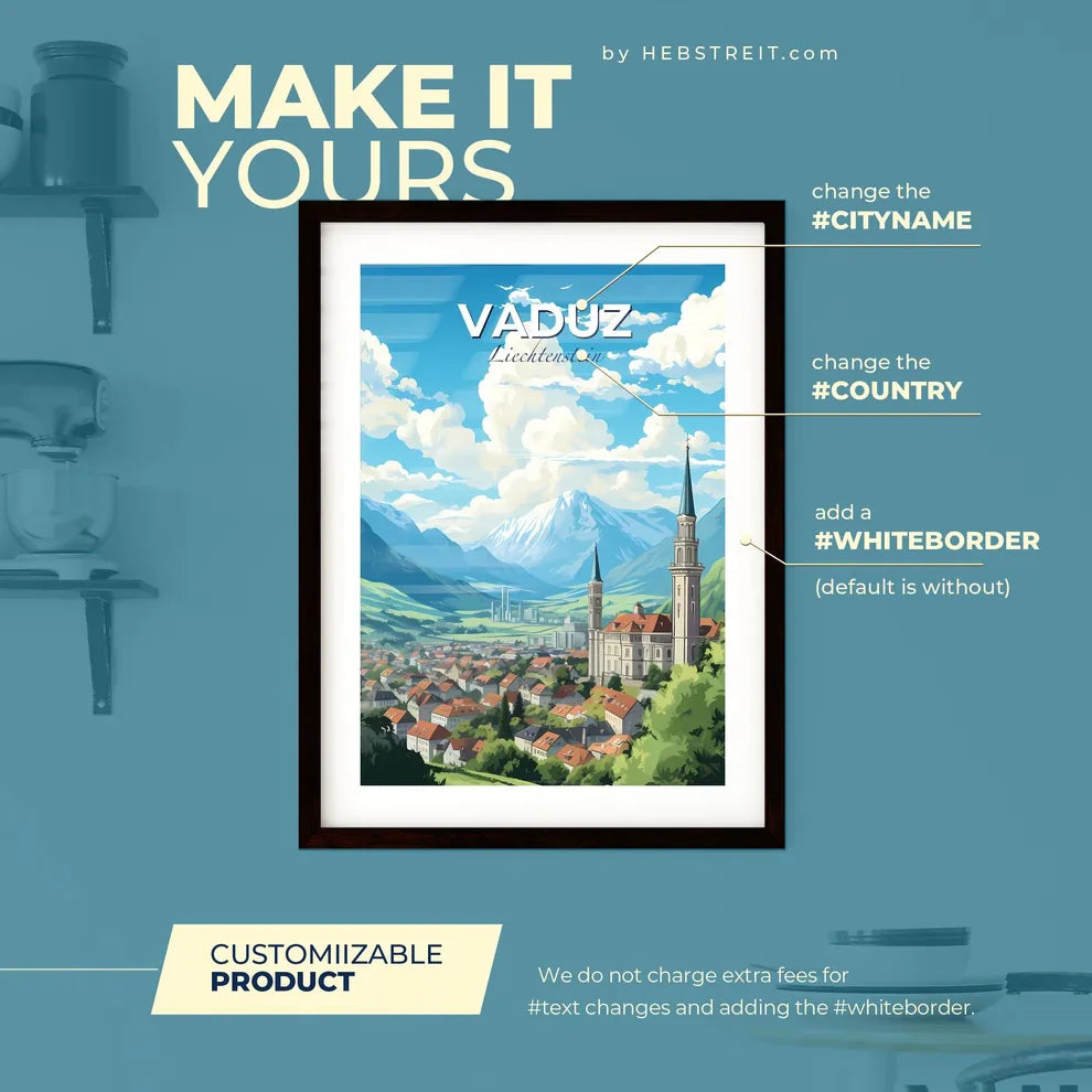 Vaduz Liechtenstein Skyline - A Town With A Tower And Mountains In The Background - Customizable Travel Gift Default Title