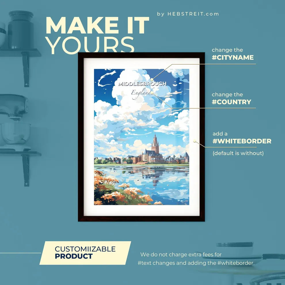 Middlesbrough England Skyline - A Water Body With A Castle And Flowers And Clouds In The Sky - Customizable Travel Gift Default Title