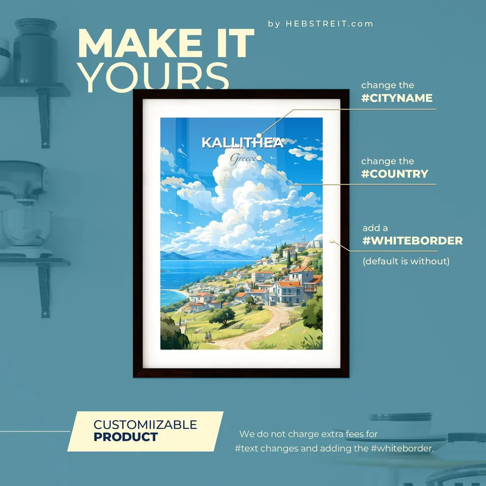 Kallithea Greece Skyline - A Landscape Of A Town On A Hill With Trees And A Body Of Water - Customizable Travel Gift Default Title