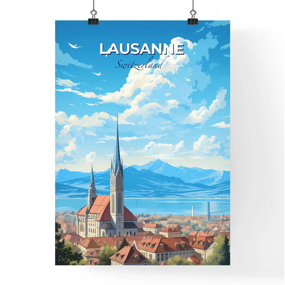 Lausanne Switzerland Skyline - A Building With A Steeple And A City With A Body Of Water And Mountains - Customizable Travel Gift Default Title