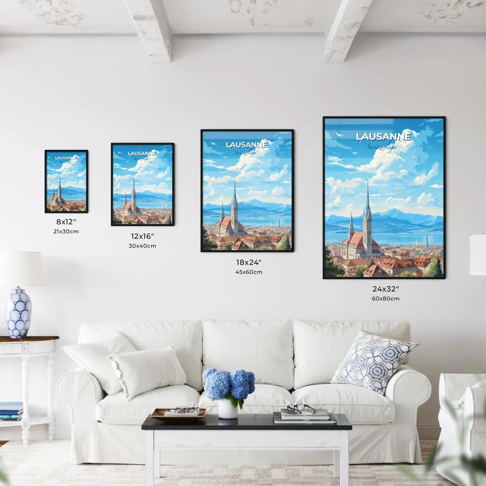 Lausanne Switzerland Skyline - A Building With A Steeple And A City With A Body Of Water And Mountains - Customizable Travel Gift Default Title