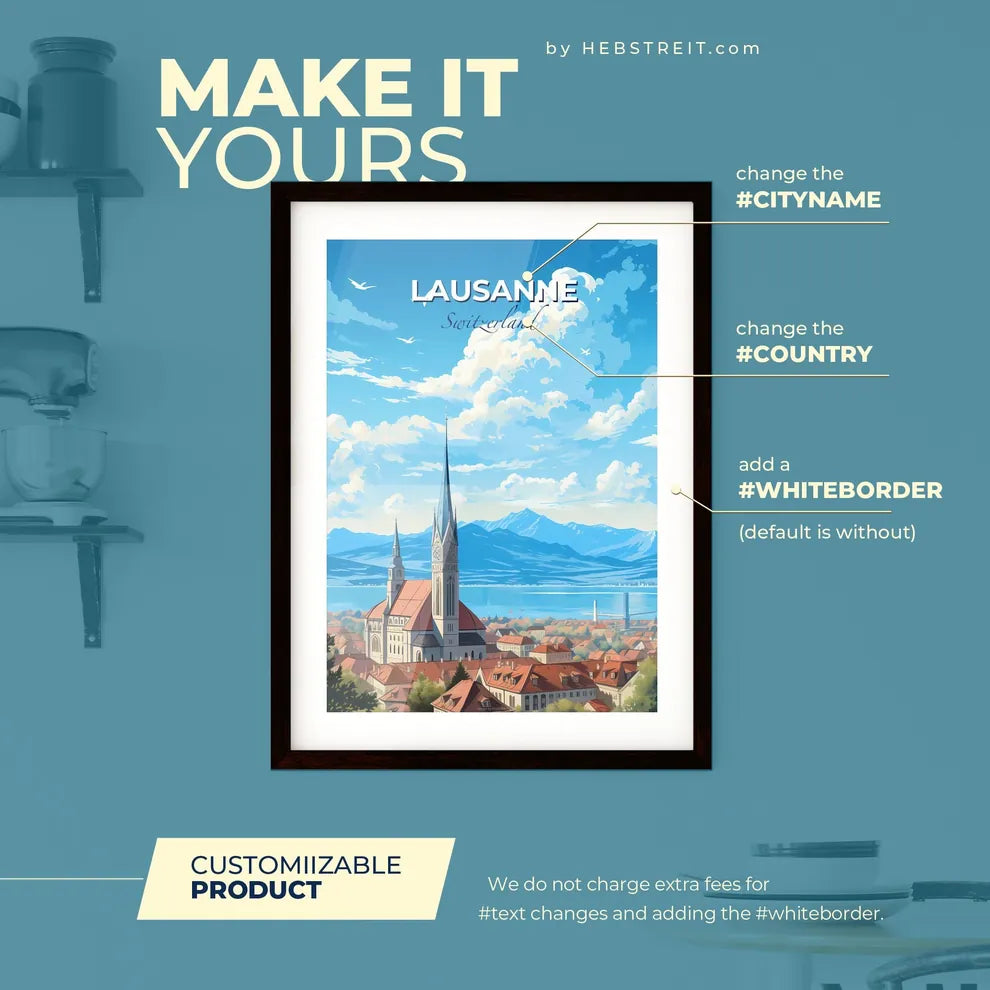 Lausanne Switzerland Skyline - A Building With A Steeple And A City With A Body Of Water And Mountains - Customizable Travel Gift Default Title