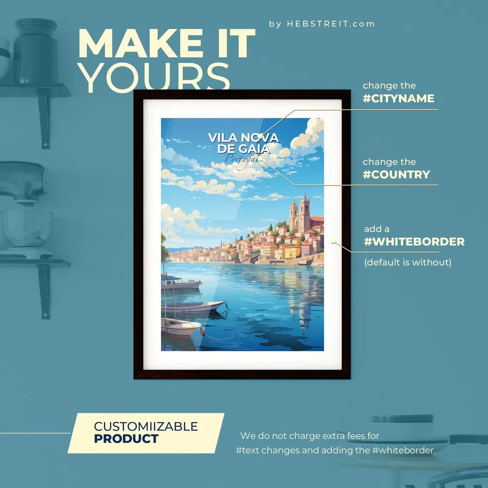 Vila Nova de Gaia Portugal Skyline - A Water Body With Boats And Buildings On The Side - Customizable Travel Gift Default Title