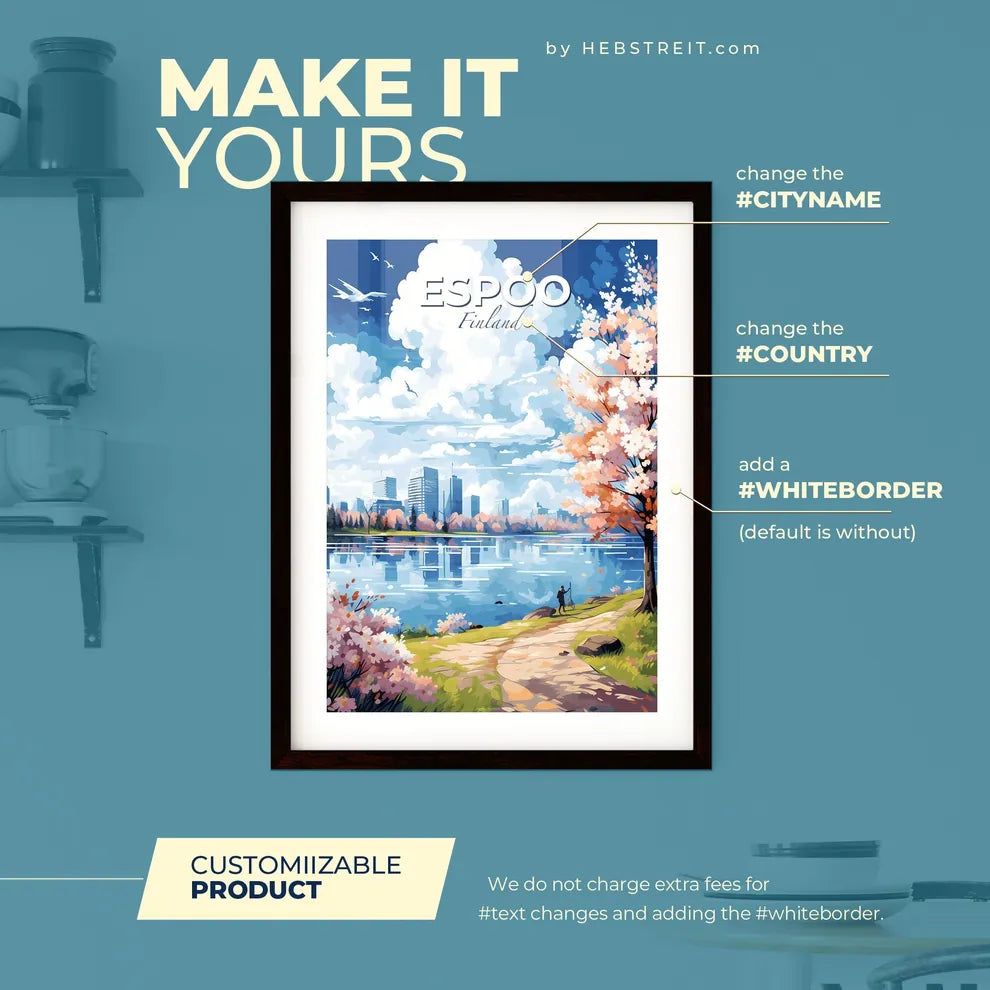 Espoo Finland Skyline - A Painting Of A City By A Lake - Customizable Travel Gift Default Title