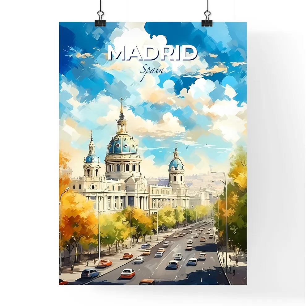 Madrid Spain Skyline - A Large Building With A Dome On Top And A Road With Trees - Customizable Travel Gift Default Title