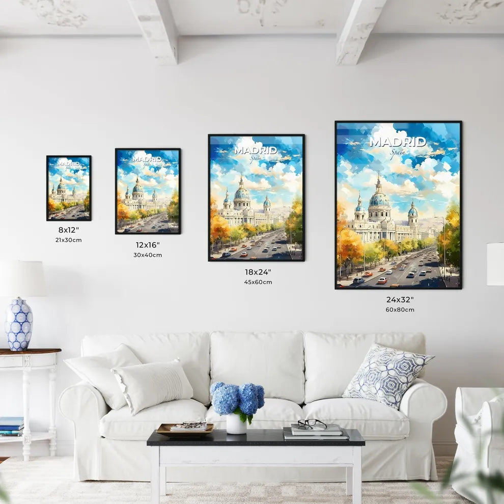 Madrid Spain Skyline - A Large Building With A Dome On Top And A Road With Trees - Customizable Travel Gift Default Title