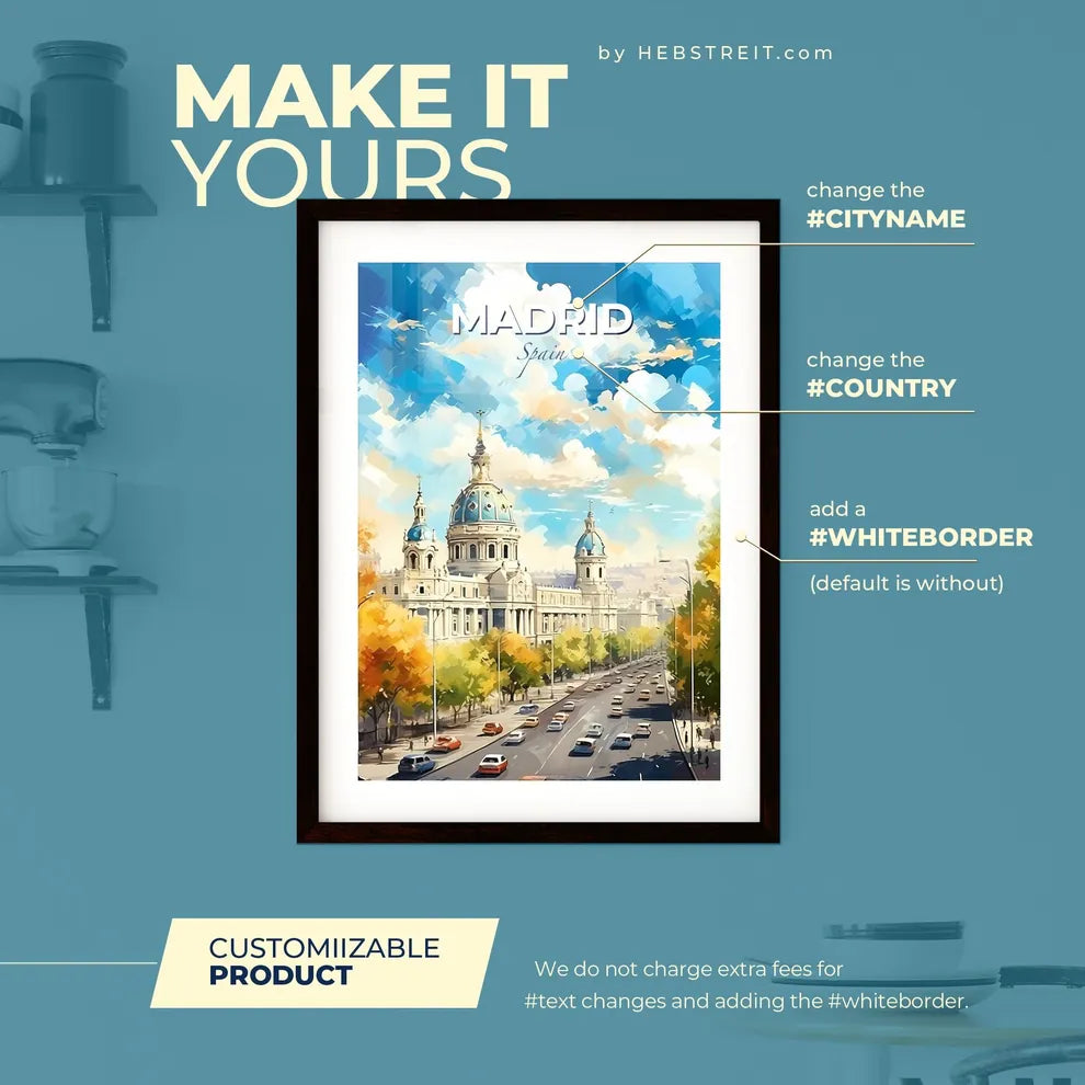 Madrid Spain Skyline - A Large Building With A Dome On Top And A Road With Trees - Customizable Travel Gift Default Title