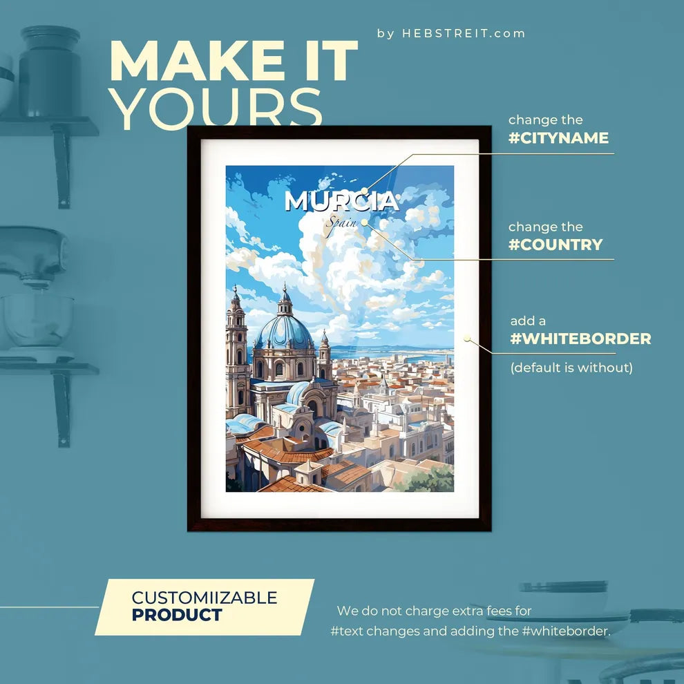 Murcia Spain Skyline - A Large City With A Blue Dome And A Body Of Water - Customizable Travel Gift Default Title