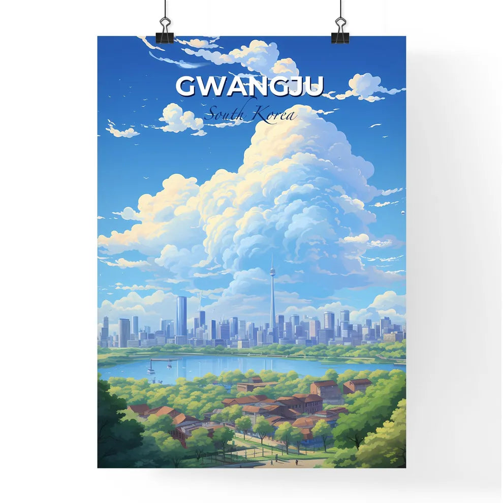 Gwangju South Korea Skyline - A Cityscape With A Lake And Clouds In The Sky - Customizable Travel Gift Default Title