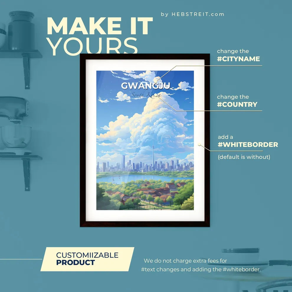 Gwangju South Korea Skyline - A Cityscape With A Lake And Clouds In The Sky - Customizable Travel Gift Default Title