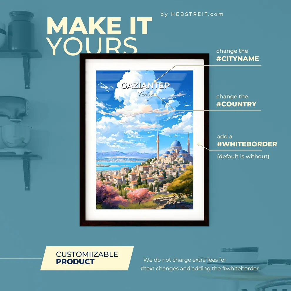 Gaziantep Turkey Skyline - A City With A Blue Dome And Towers - Customizable Travel Gift Default Title