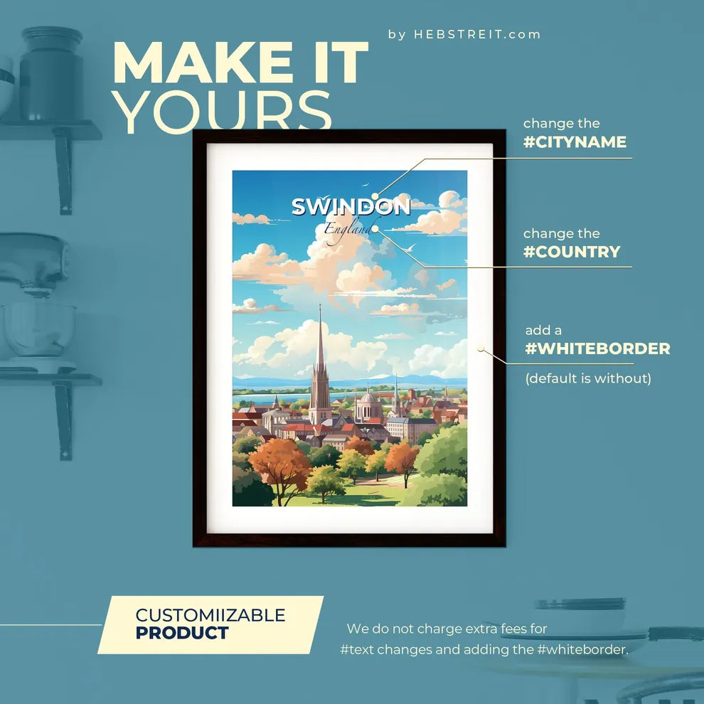 Swindon England Skyline - A City With Trees And A Tower - Customizable Travel Gift Default Title