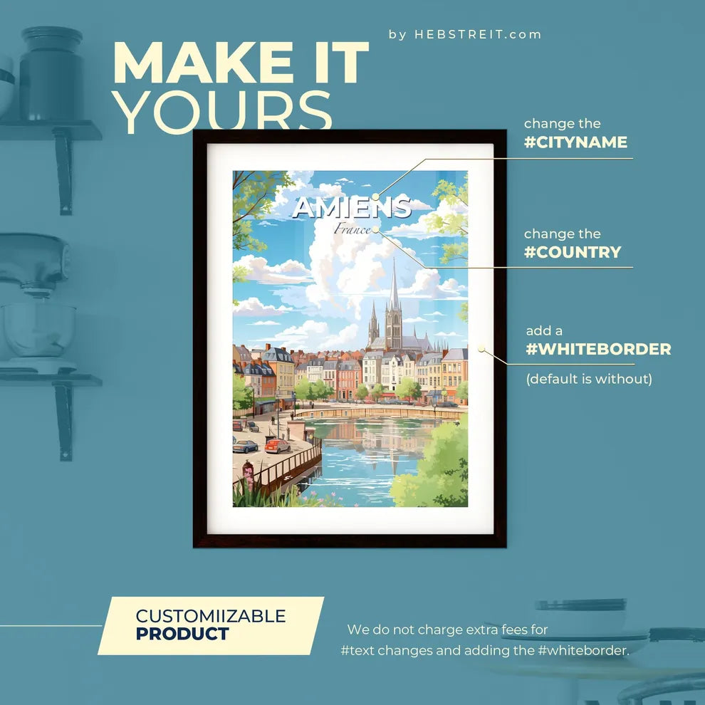 Amiens France Skyline - A Water Way With A Church In The Background - Customizable Travel Gift Default Title