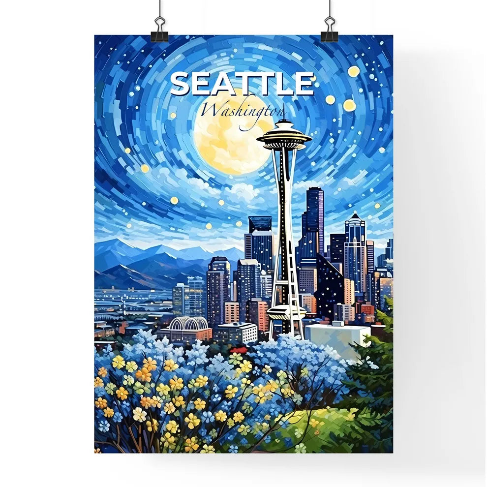 Seattle Washington Skyline - A Painting Of A City With A Tall Tower And A Full Moon - Customizable Travel Gift Default Title