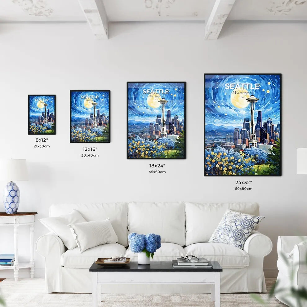 Seattle Washington Skyline - A Painting Of A City With A Tall Tower And A Full Moon - Customizable Travel Gift Default Title