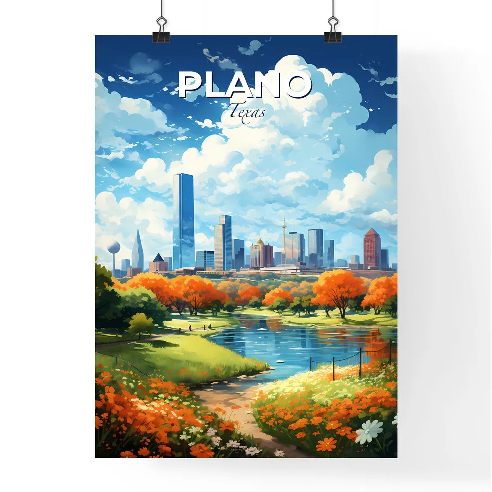 Plano Texas Skyline - A River With Orange Flowers And A City In The Background - Customizable Travel Gift Default Title