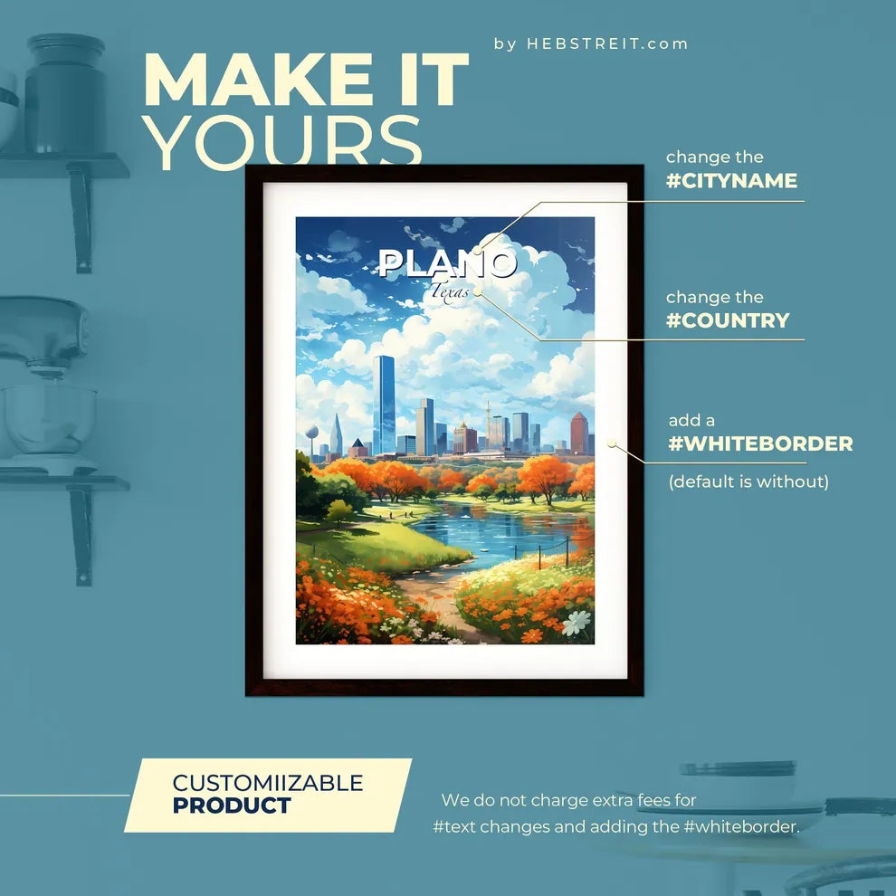 Plano Texas Skyline - A River With Orange Flowers And A City In The Background - Customizable Travel Gift Default Title