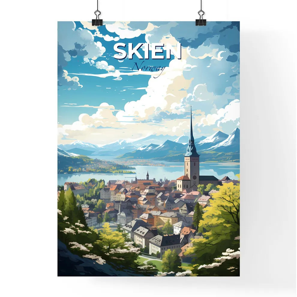 Skien Norway Skyline - A Town With A Tower And A Lake And Mountains - Customizable Travel Gift Default Title