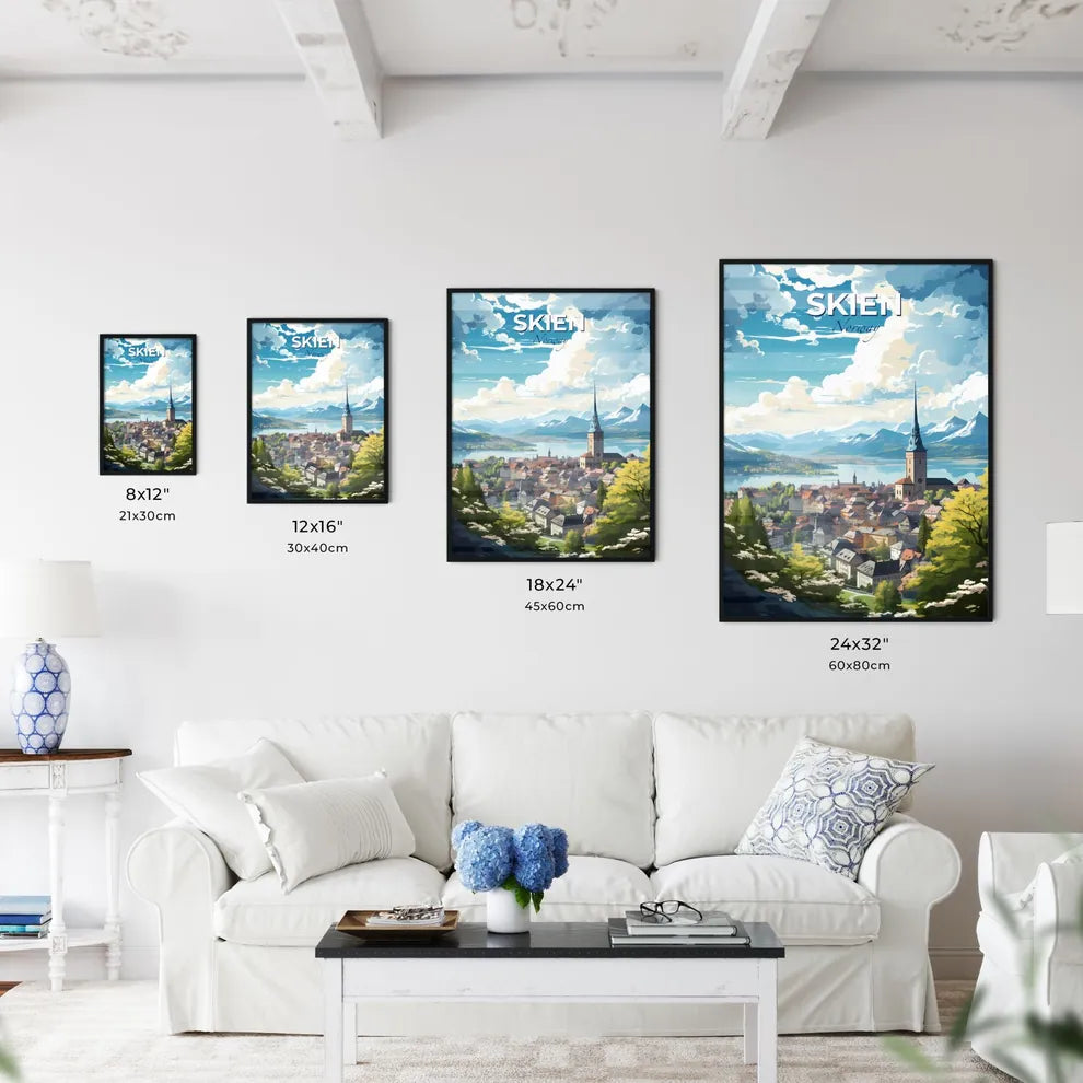 Skien Norway Skyline - A Town With A Tower And A Lake And Mountains - Customizable Travel Gift Default Title