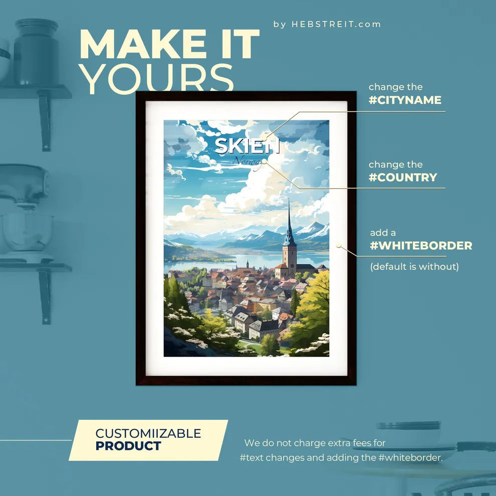 Skien Norway Skyline - A Town With A Tower And A Lake And Mountains - Customizable Travel Gift Default Title