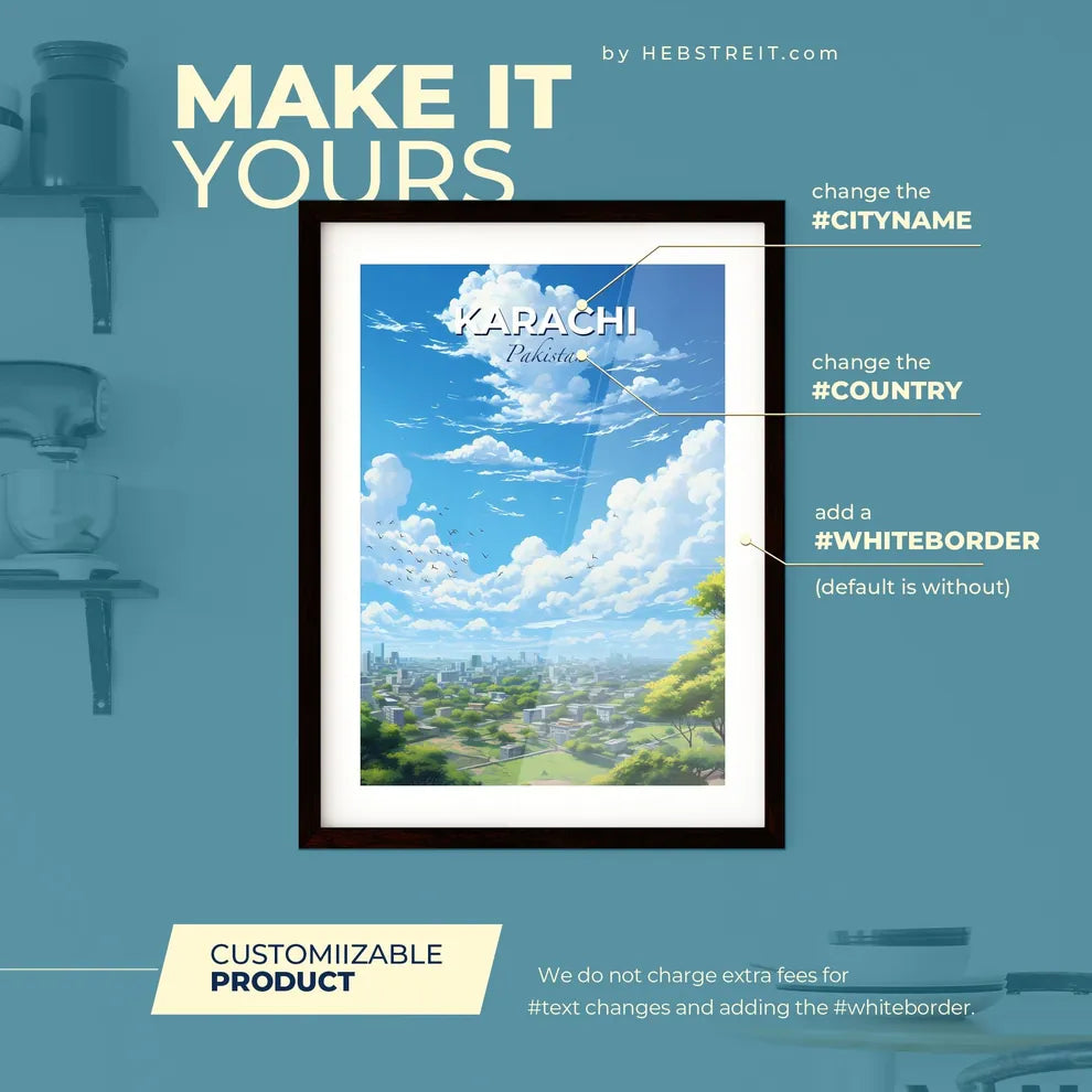 Karachi Pakistan Skyline - A Landscape Of A City With Trees And Birds Flying Over It - Customizable Travel Gift Default Title