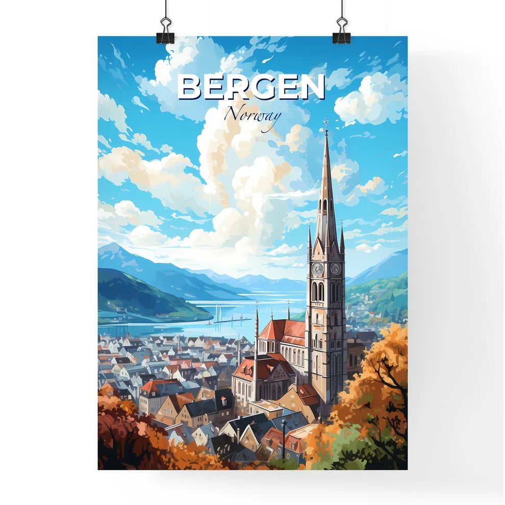 Bergen Norway Skyline - A Church With A Clock Tower And A City And Mountains - Customizable Travel Gift Default Title