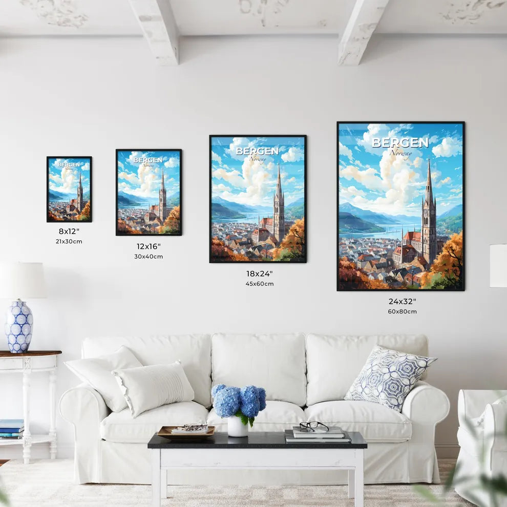 Bergen Norway Skyline - A Church With A Clock Tower And A City And Mountains - Customizable Travel Gift Default Title