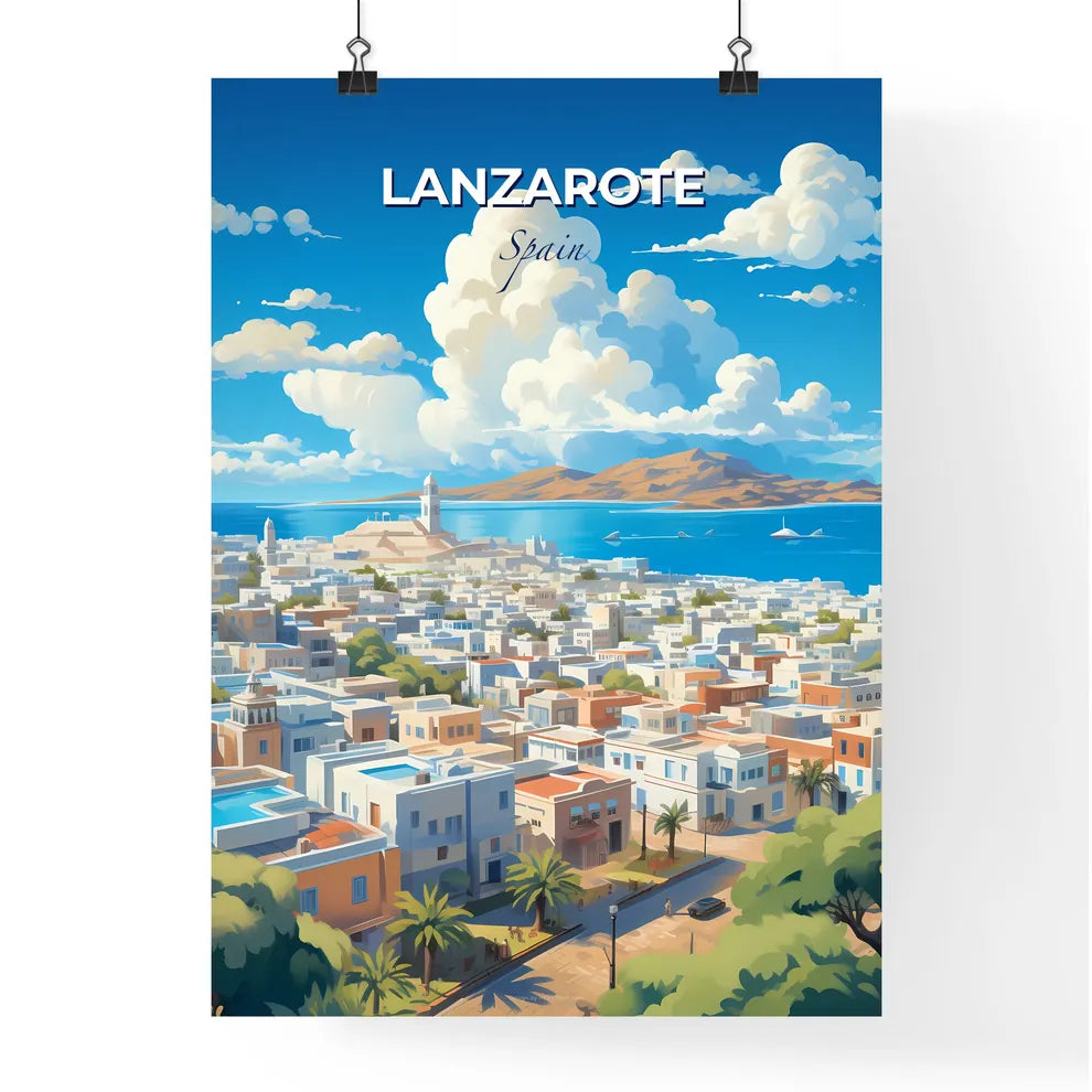 Lanzarote Spain Skyline - A City With A Body Of Water And A White Tower - Customizable Travel Gift Default Title