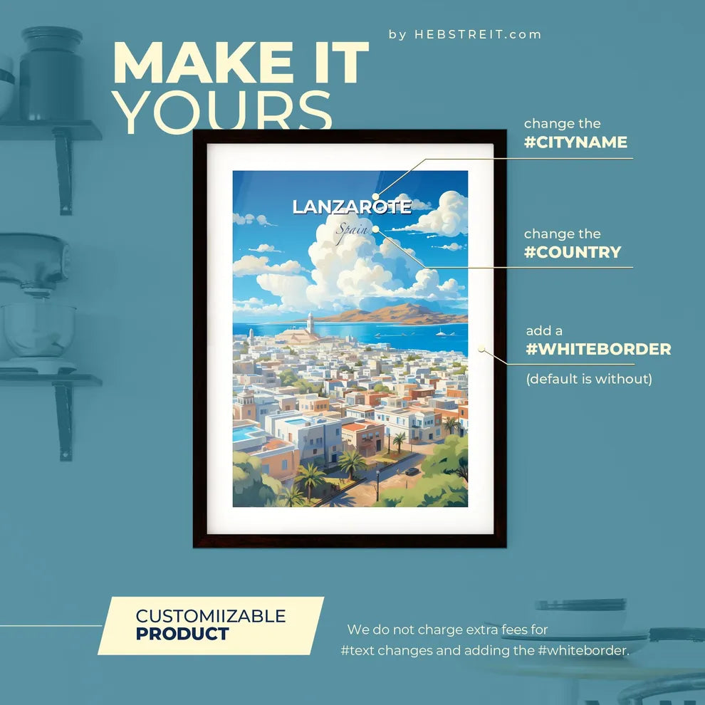 Lanzarote Spain Skyline - A City With A Body Of Water And A White Tower - Customizable Travel Gift Default Title