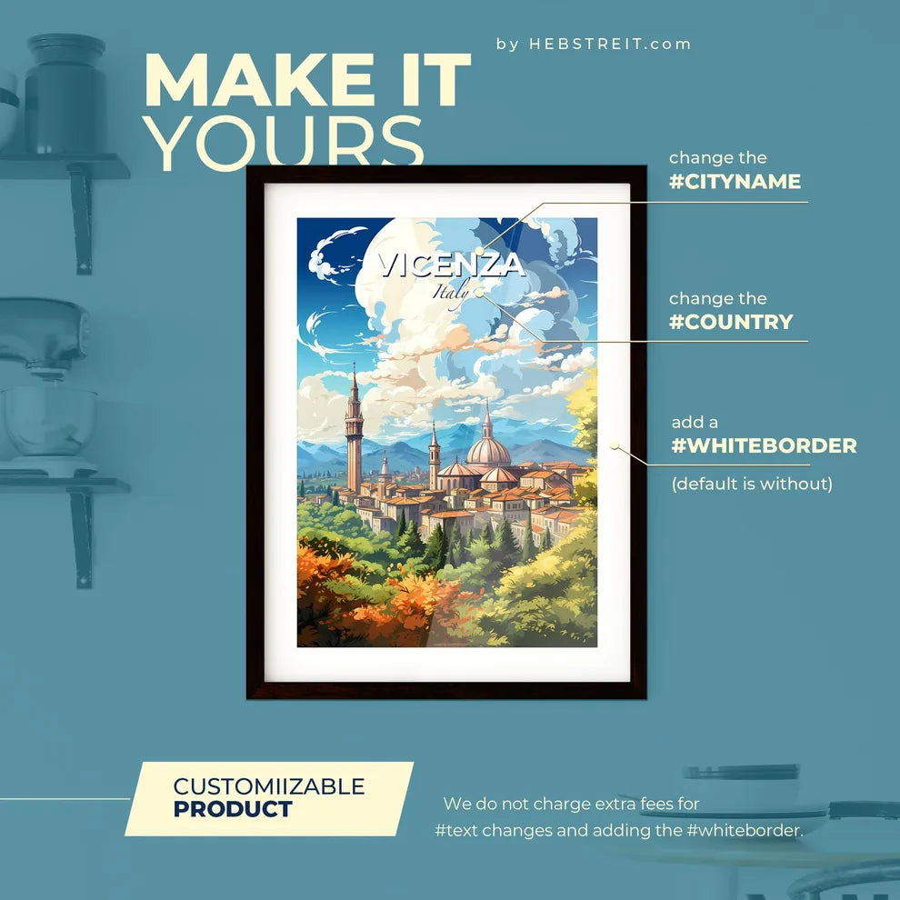 Vicenza Italy Skyline - A City With Towers And Trees - Customizable Travel Gift Default Title