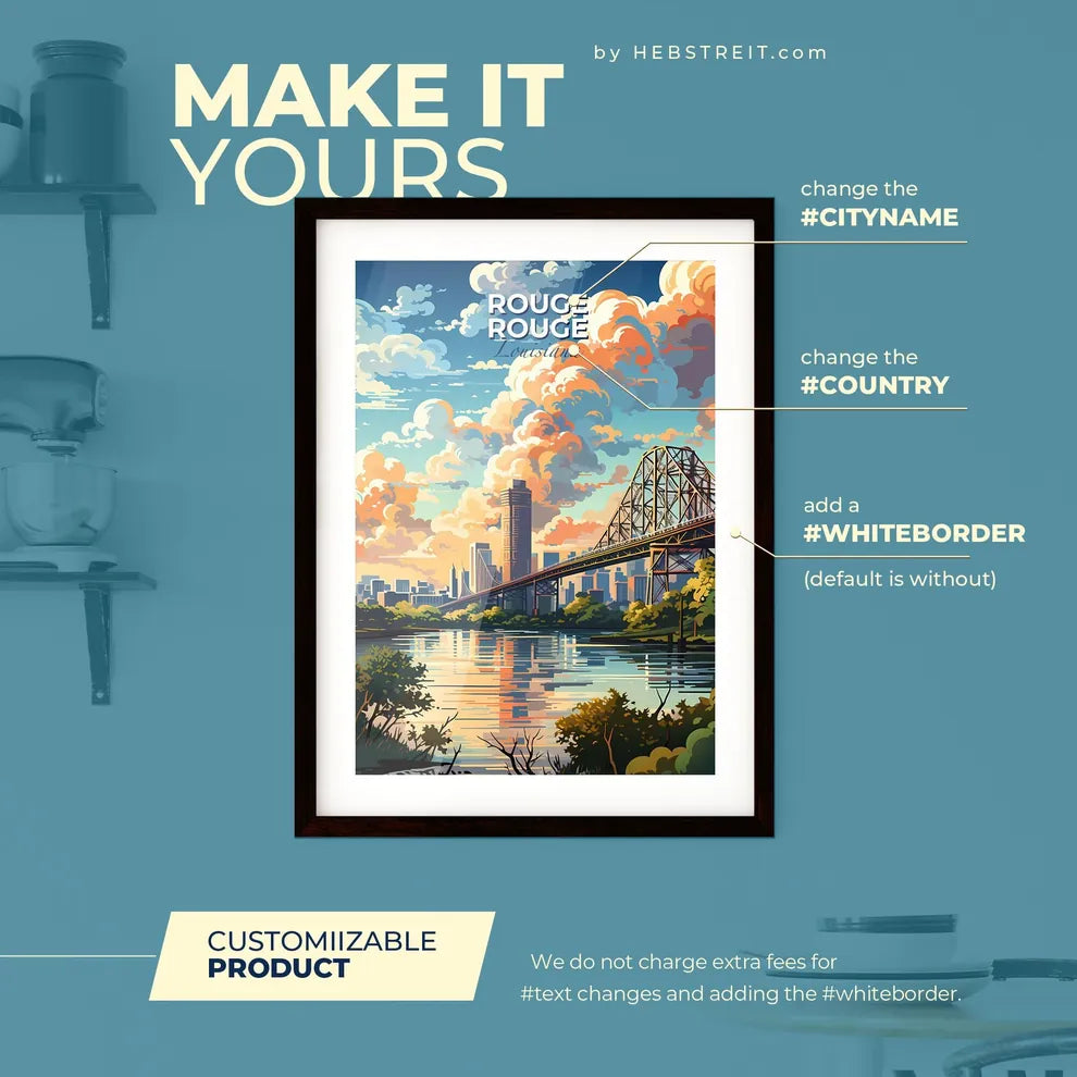 Baton Rouge Louisiana Skyline - A Bridge Over A River With Trees And A City In The Background - Customizable Travel Gift Default Title