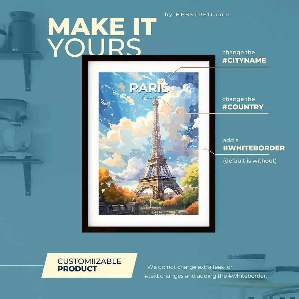 Paris France Skyline - Eiffel Tower With Trees And Clouds In The Sky - Customizable Travel Gift Default Title