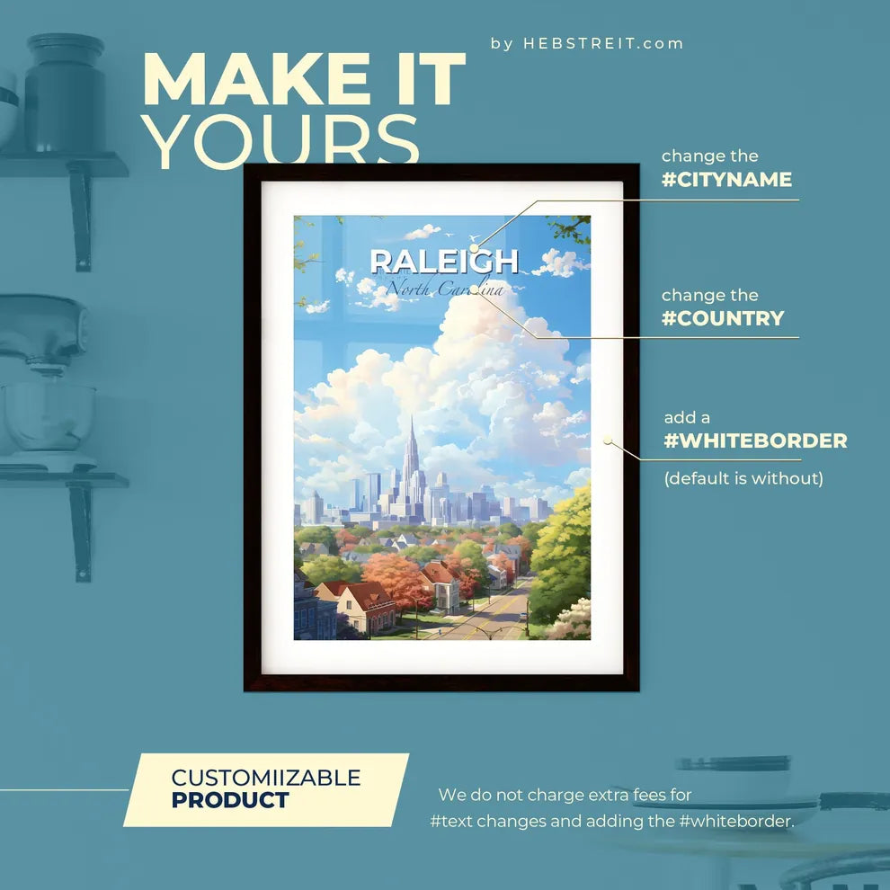 Raleigh North Carolina Skyline - A Cityscape With Trees And Clouds - Customizable Travel Gift Default Title