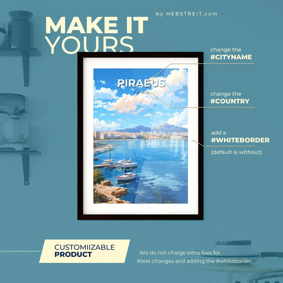 Piraeus Greece Skyline - A Body Of Water With Boats And Buildings In The Background - Customizable Travel Gift Default Title