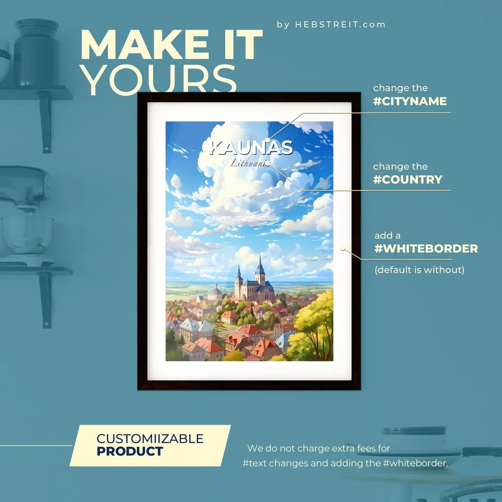 Kaunas Lithuania Skyline - A City With A Church And A Large Building - Customizable Travel Gift Default Title