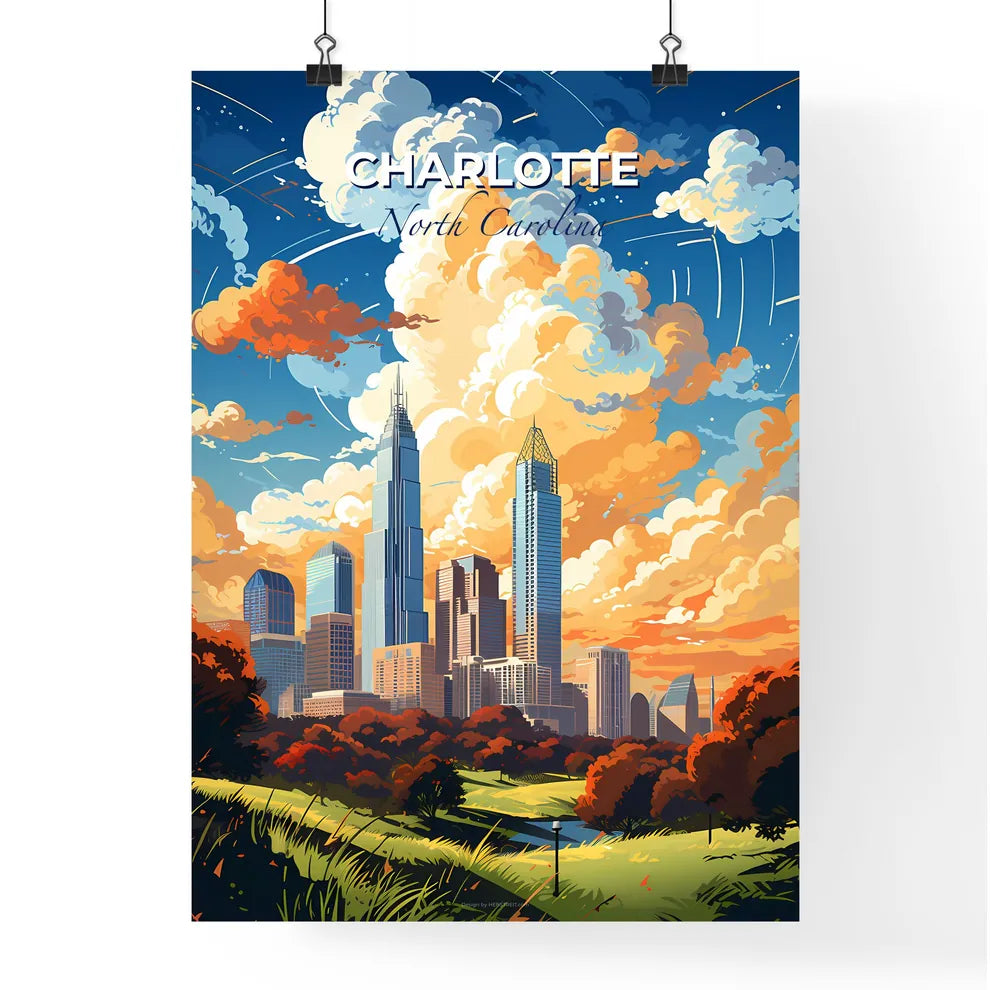 Charlotte North Carolina Skyline - A City Landscape With Trees And Clouds - Customizable Travel Gift Default Title