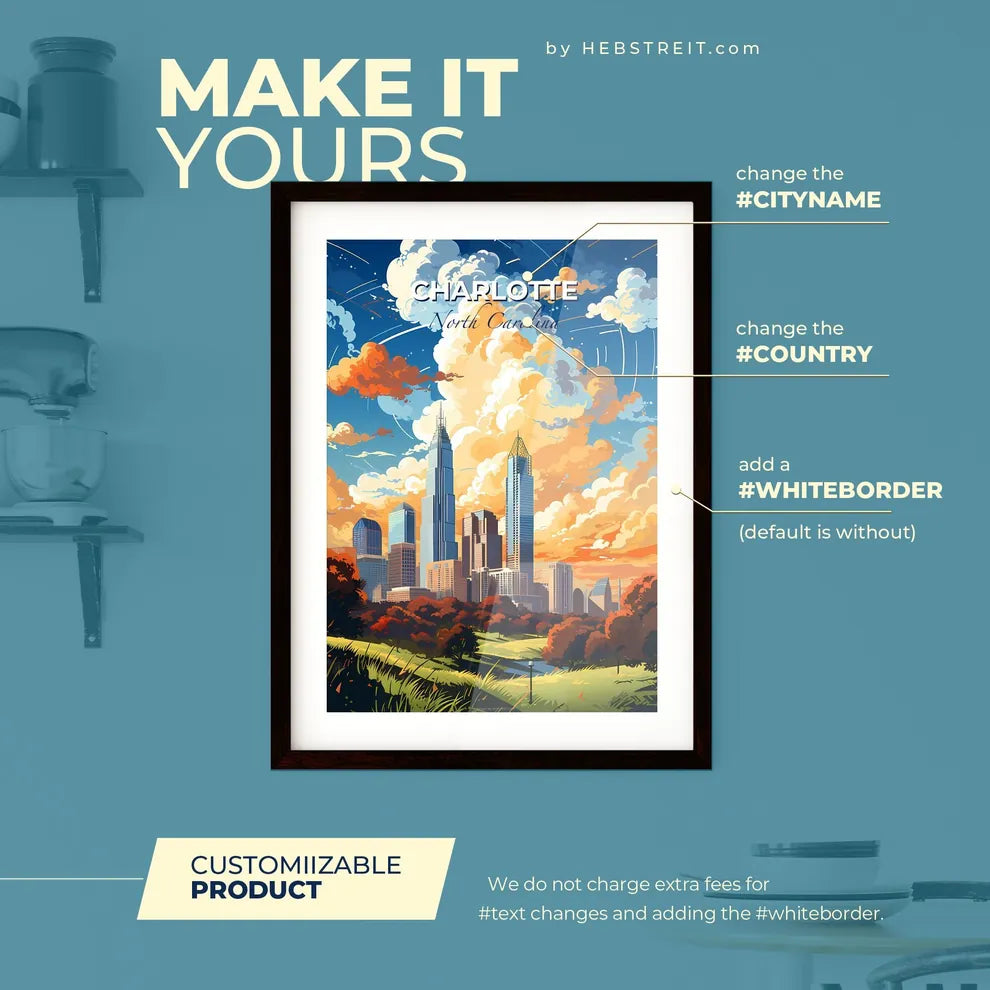 Charlotte North Carolina Skyline - A City Landscape With Trees And Clouds - Customizable Travel Gift Default Title