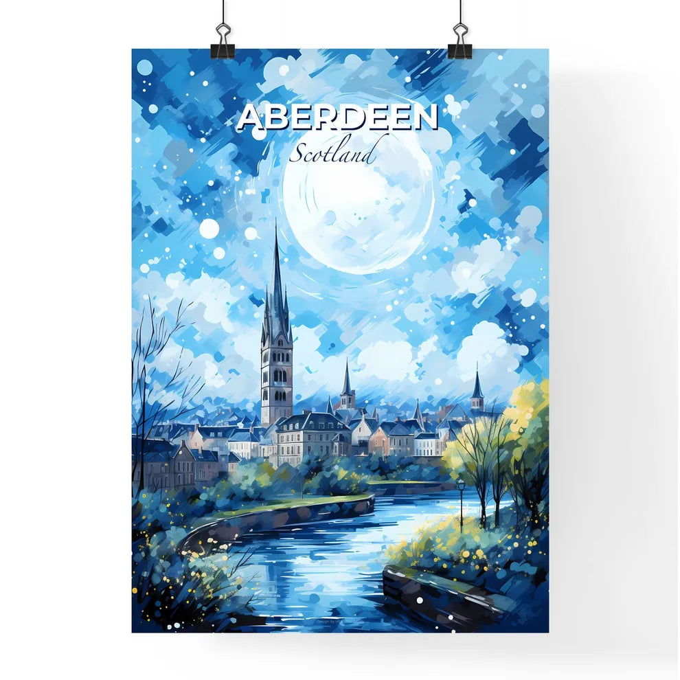 Aberdeen Scotland Skyline - A Painting Of A City With A River And A Large Moon - Customizable Travel Gift Default Title