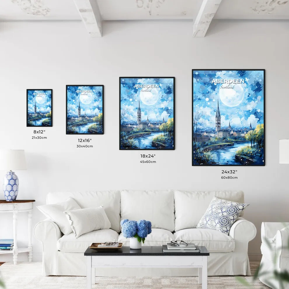 Aberdeen Scotland Skyline - A Painting Of A City With A River And A Large Moon - Customizable Travel Gift Default Title