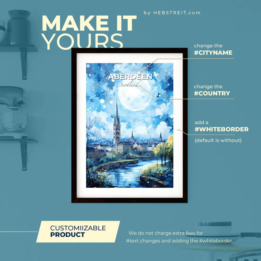 Aberdeen Scotland Skyline - A Painting Of A City With A River And A Large Moon - Customizable Travel Gift Default Title