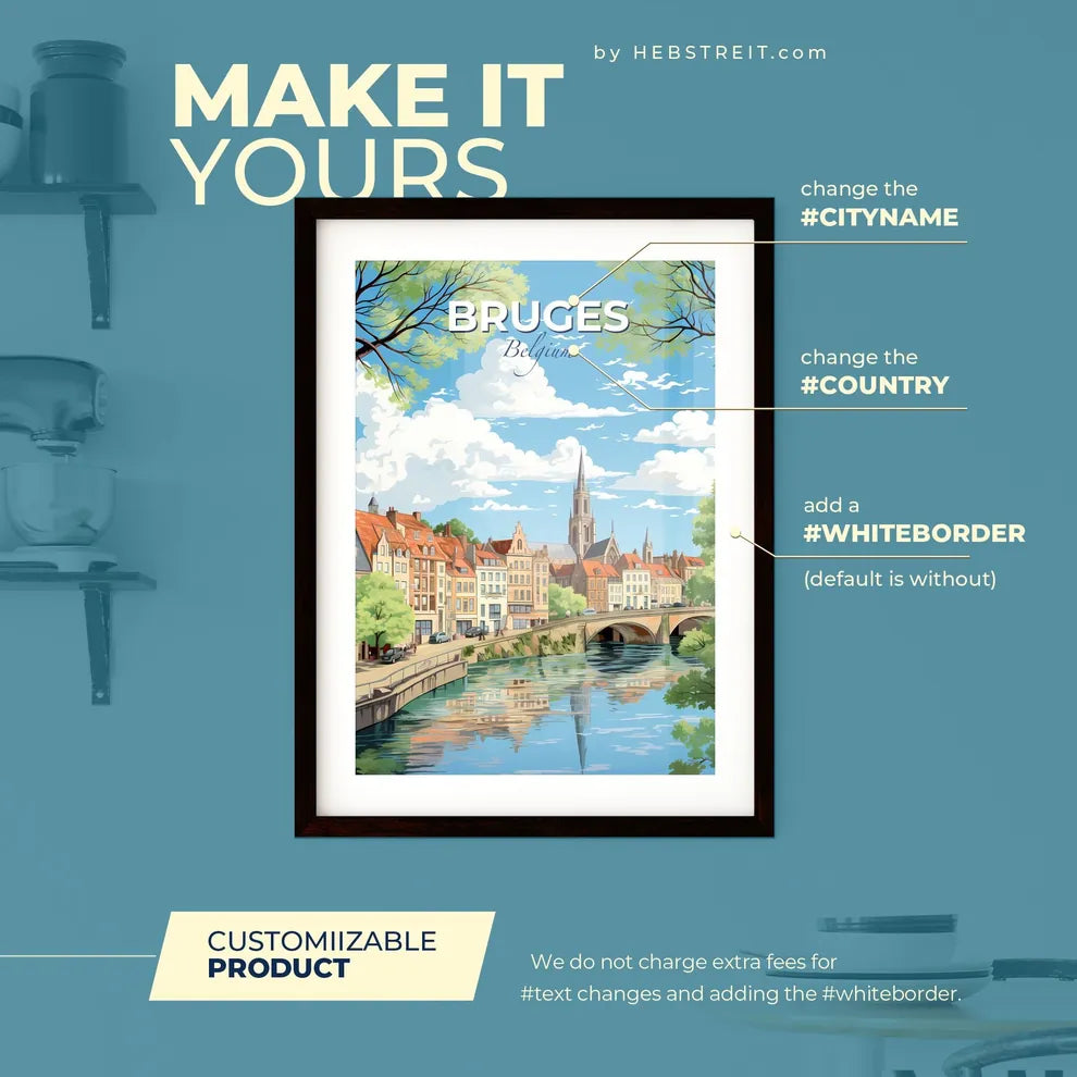 Bruges Belgium Skyline - A River With A Bridge And Buildings - Customizable Travel Gift Default Title