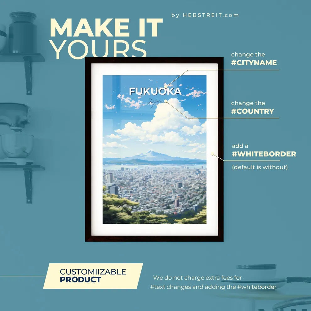 Fukuoka Japan Skyline - A City With A Mountain In The Background - Customizable Travel Gift Default Title