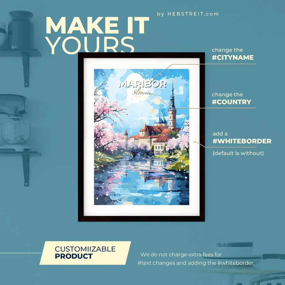 Maribor Slovenia Skyline - A River With A Bridge And A Castle - Customizable Travel Gift Default Title