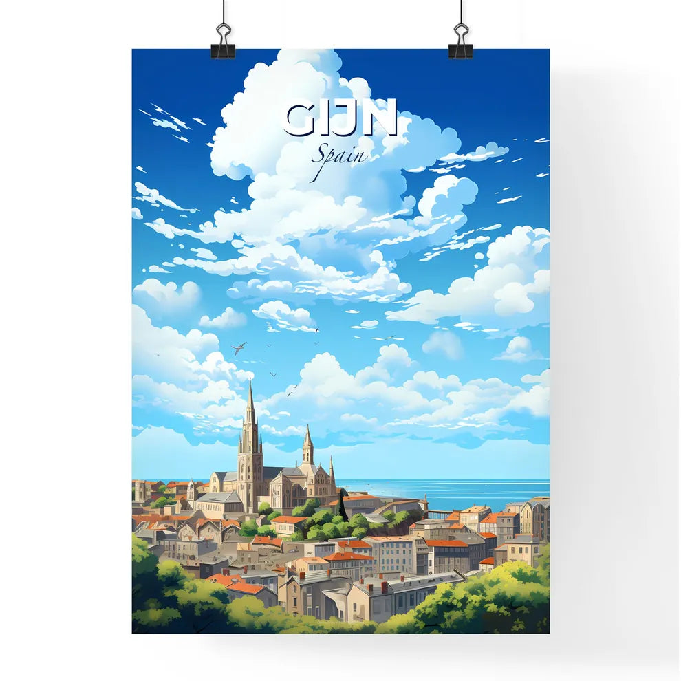 Gijn Spain Skyline - A City With A Church And A Body Of Water - Customizable Travel Gift Default Title