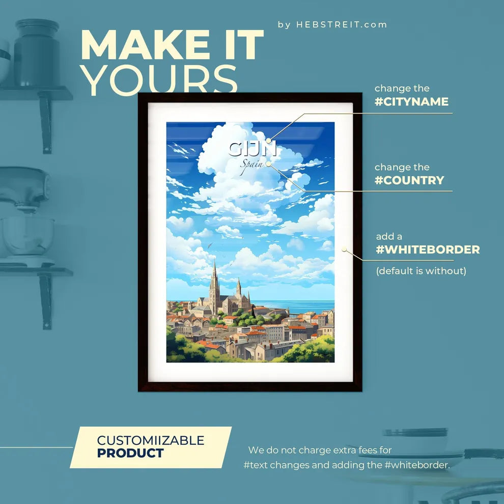 Gijn Spain Skyline - A City With A Church And A Body Of Water - Customizable Travel Gift Default Title