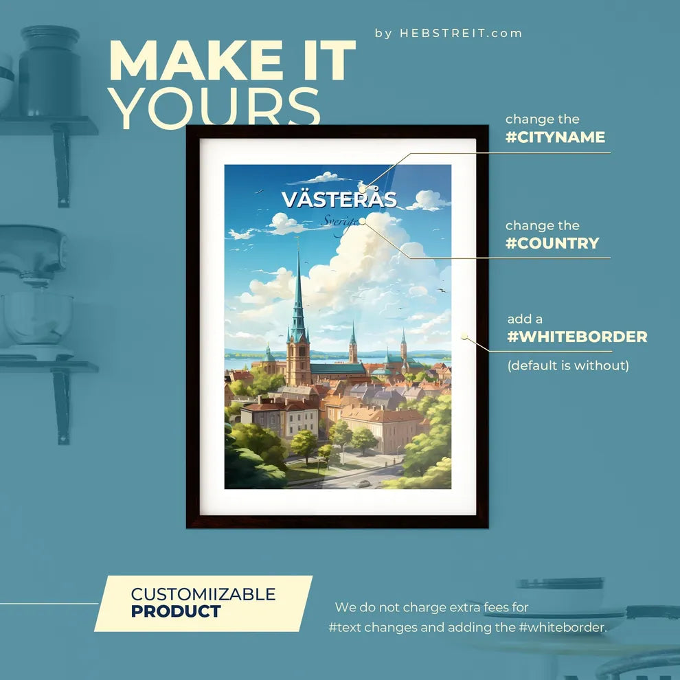 Vsters Sverige Skyline - A City With A Tall Spire And Trees - Customizable Travel Gift Default Title
