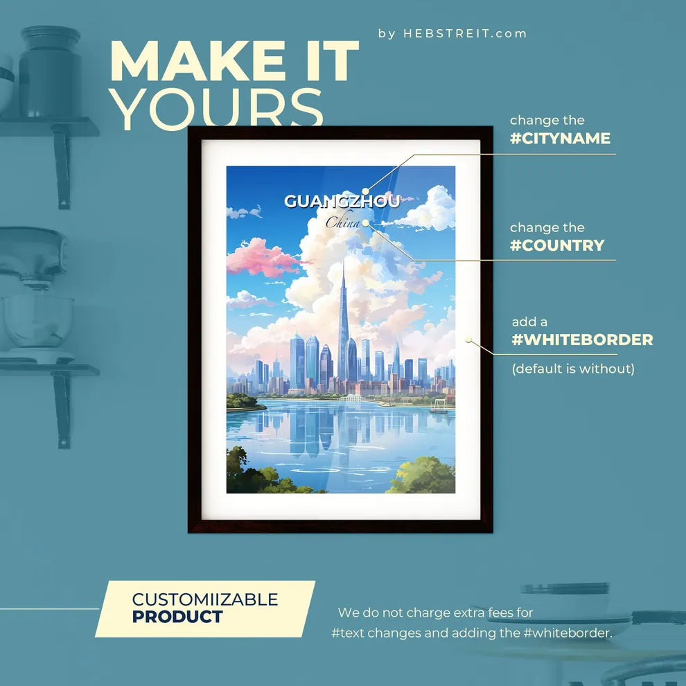 Guangzhou China Skyline - A City Skyline With A Body Of Water And Clouds - Customizable Travel Gift Default Title