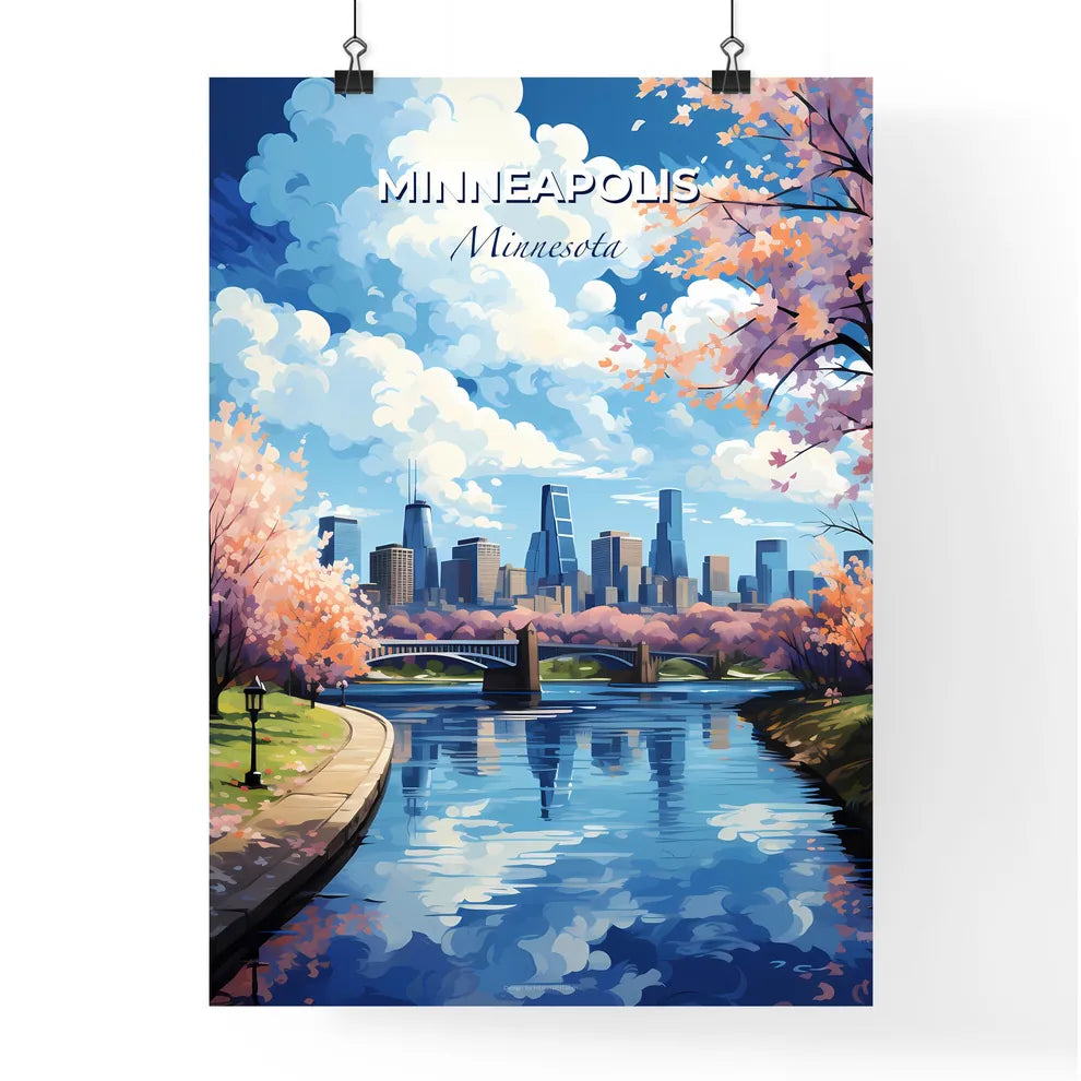 Minneapolis Minnesota Skyline - A River With A Bridge And Trees With Pink Flowers - Customizable Travel Gift Default Title