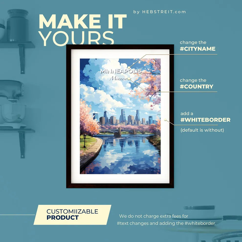 Minneapolis Minnesota Skyline - A River With A Bridge And Trees With Pink Flowers - Customizable Travel Gift Default Title